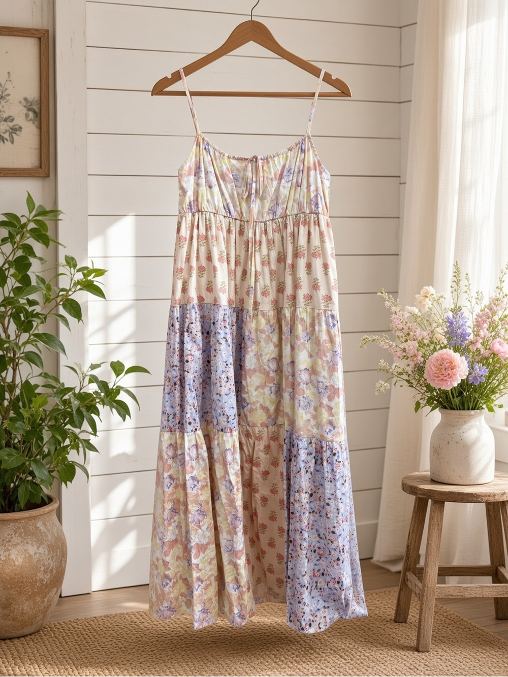 Pastel Mixed Floral Patchwork Midi Dress Spaghetti Strap